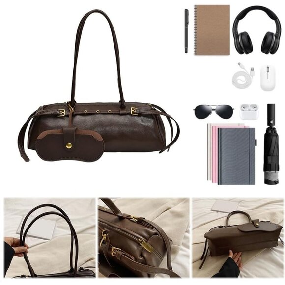 Wome'ns Coffee PU Leather Tote Bag Casual Bowling Bag Purse Retro Underarm - Picture 2 of 9